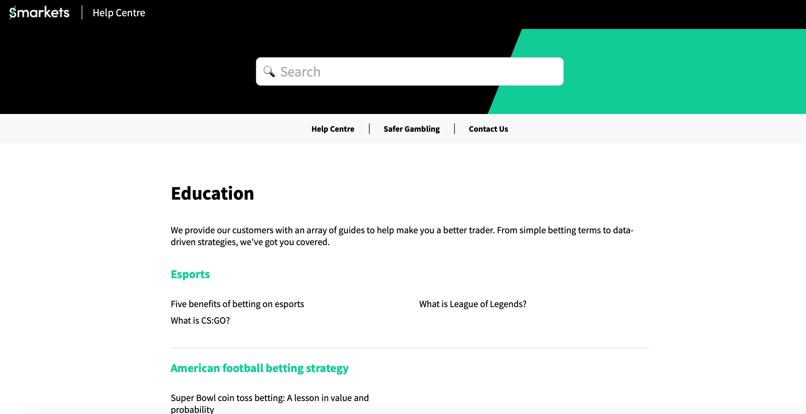 Smarkets' help centre, showing its 'Education' section, with articles on eSports and American football betting strategy near the top